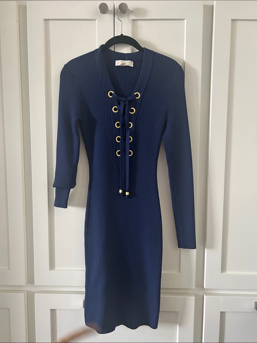 MICHAEL Michael Kors Navy Ribbed Lace-Up Long Sleeve Dress with Gold Eyelets